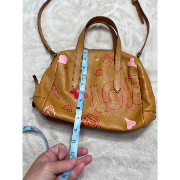 Fossil Sydney Love Tan Leather Satchel With Pink Heart Details & Adjustable Stra - Picture 6 of 7